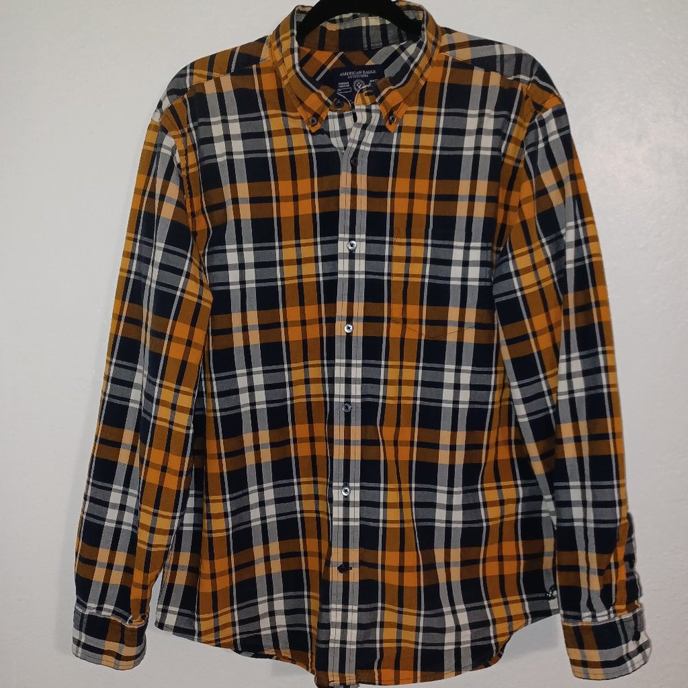 American Eagle Outfitters button down men's XL plaid blue & orange prep fit